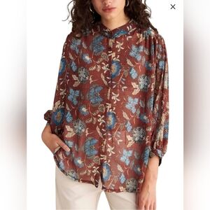 Azōe Boho Floral Print Women's Sheer Button Down Top Blue & Brown With Metallics